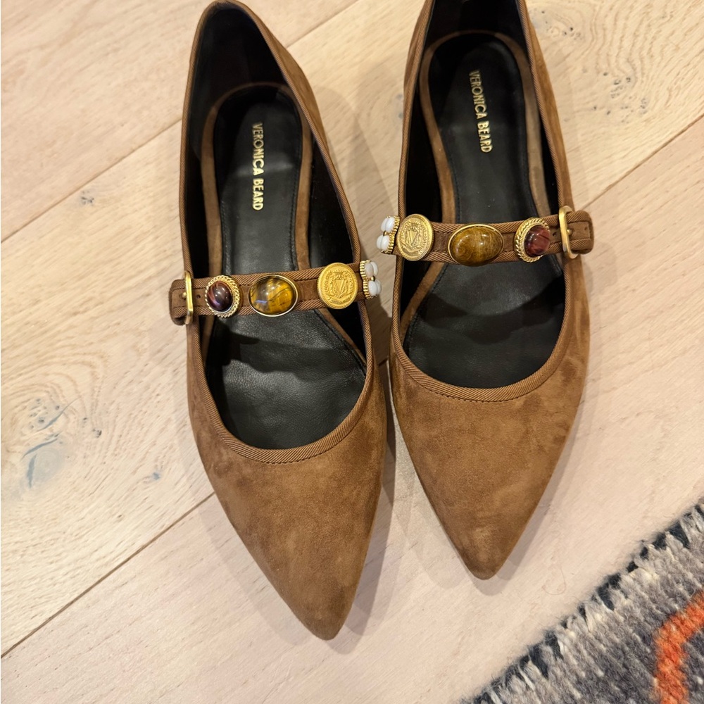 Veronica Beard Selene Brown Flats with Gold Accents